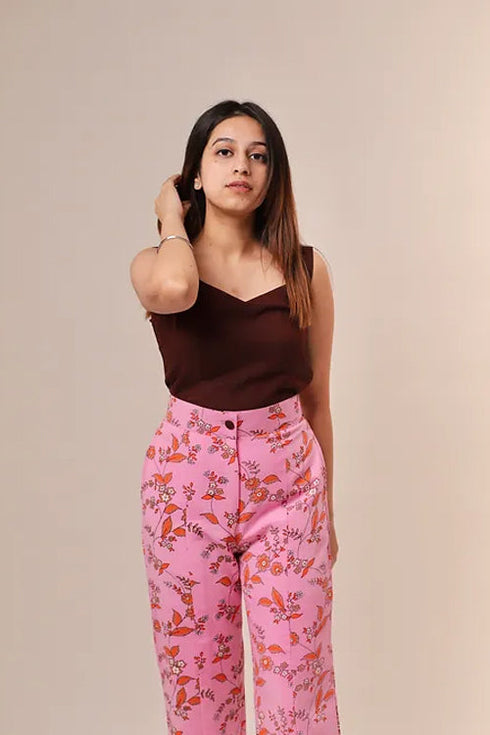 Mel Pink Print Trousers With Brown Top
